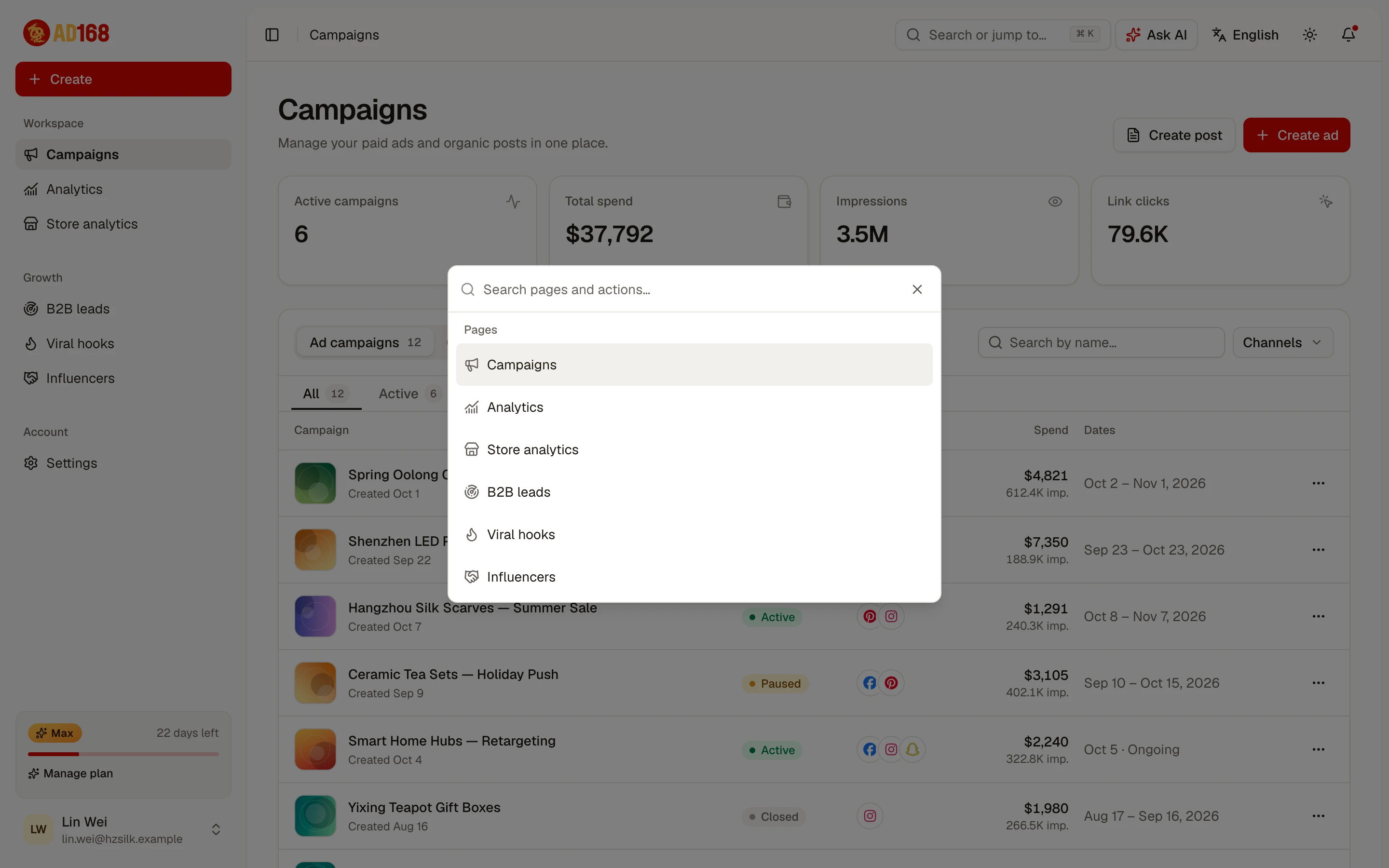 The command menu open over the dashboard