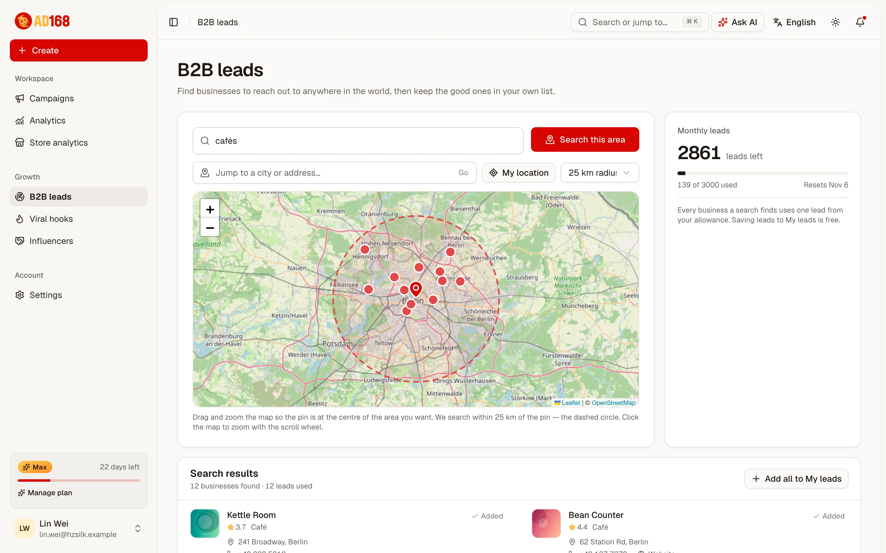 The B2B lead finder: a map of Berlin with café results pinned inside the search area, and the monthly leads allowance