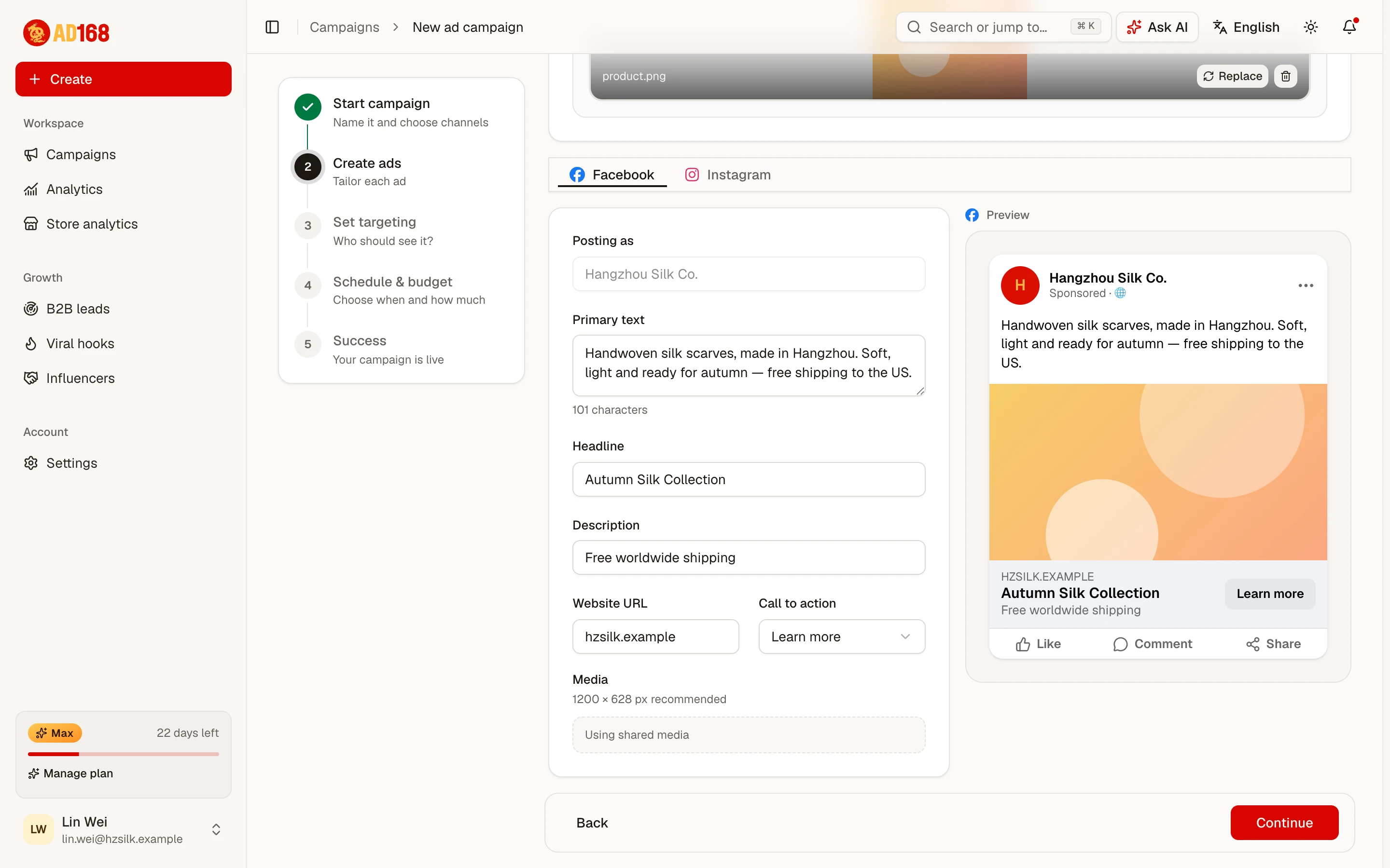 The ad builder with a Facebook ad form on the left and a live preview on the right