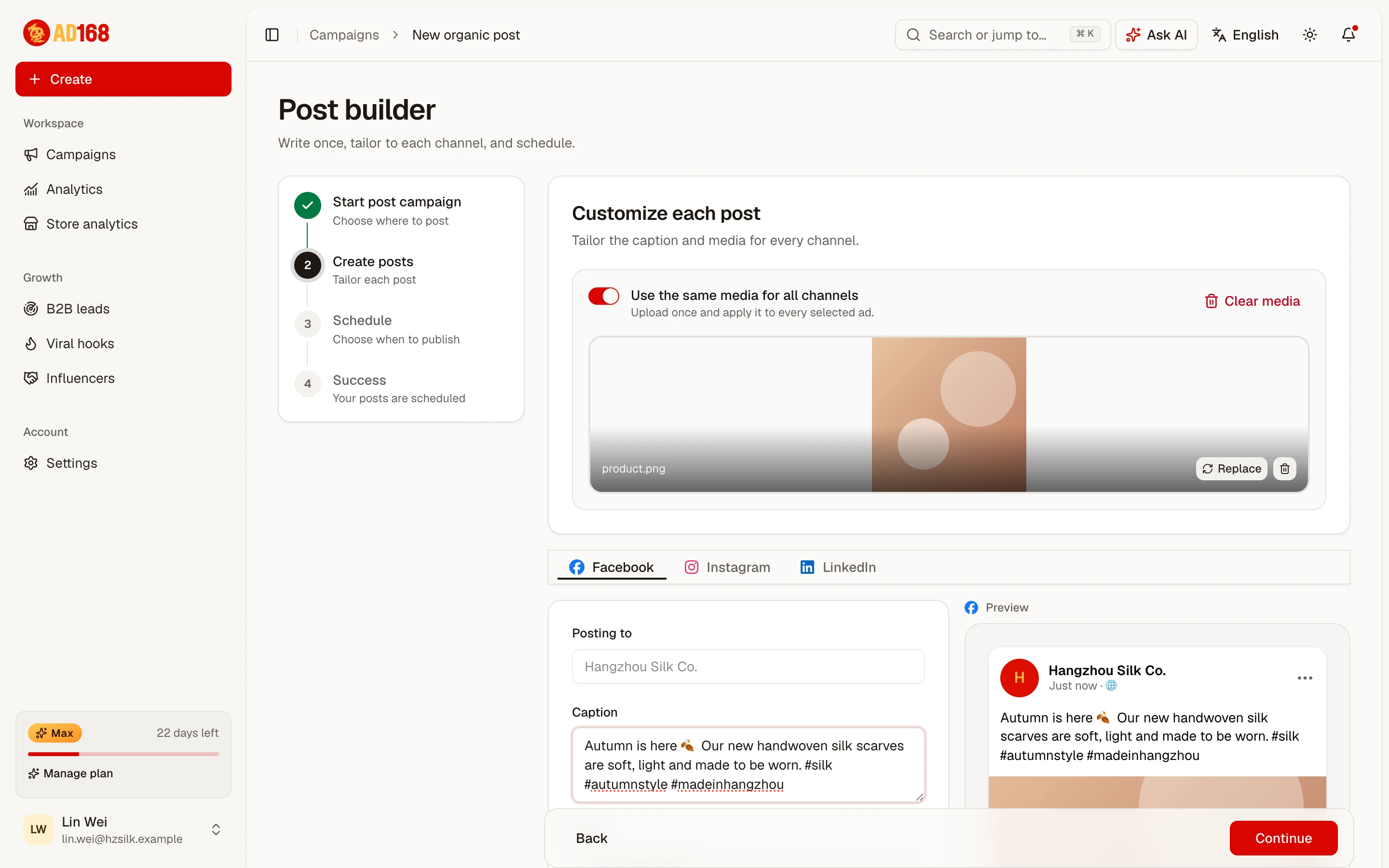The post builder with a caption editor and a Facebook post preview